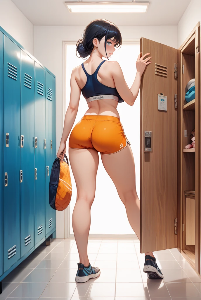 1girl, european girl, the bun hirstyle, light-brown hair, oversized white t-shirt, white pantyhose, without lengire, standing, school gym, school, realistic, source_anime, deatiling panting, brown eyes, detailing body, back view