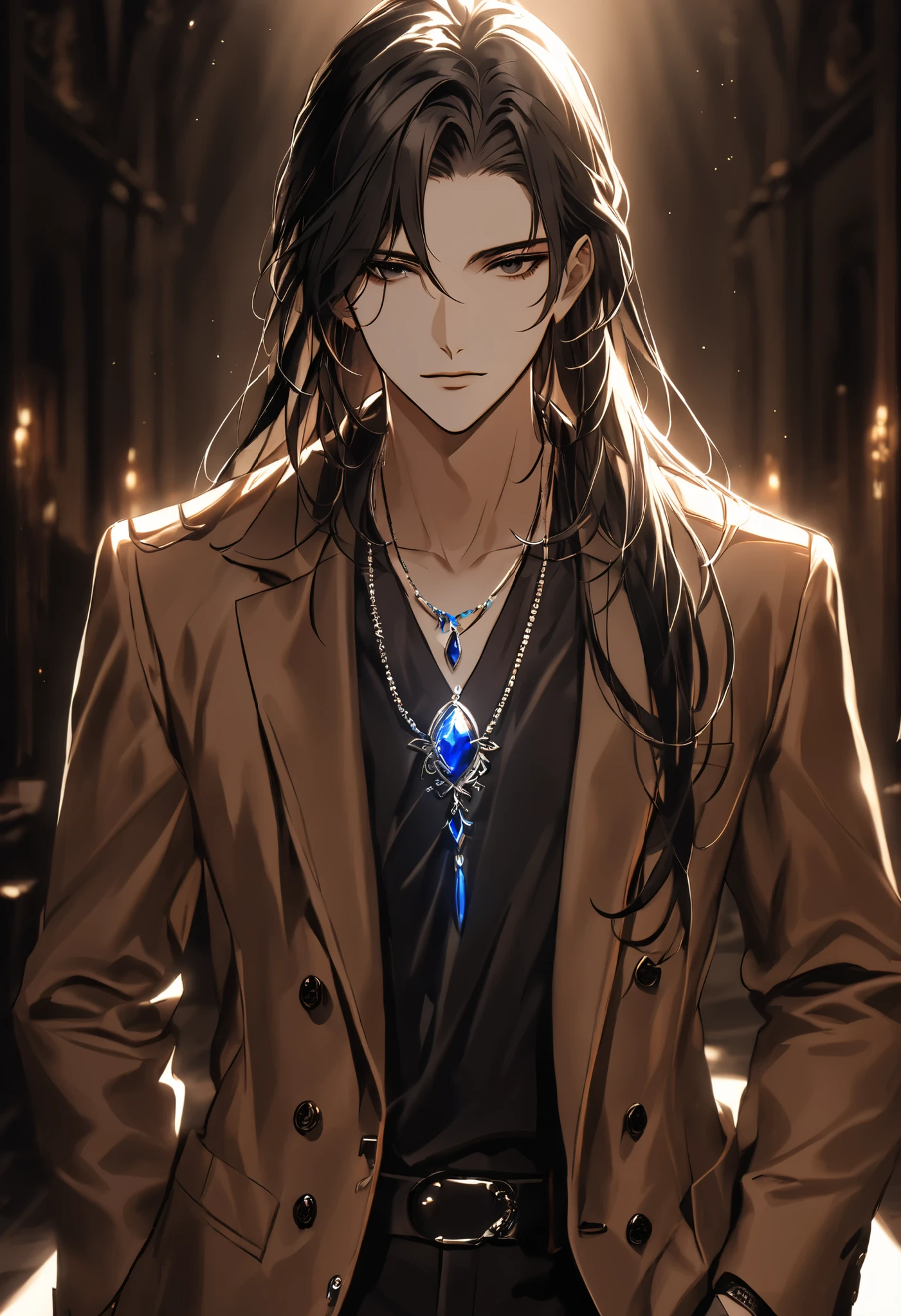 Handsome young man, athletic body, long hair, black hair, black eyes, wearing casual yet elegant clothing. He has a stylish brown jacket and a striking blue gemstone necklace on his chest. The background is softly blurred, emphasizing his charismatic and mysterious aura. High detail, cinematic lighting, looking at the viewer