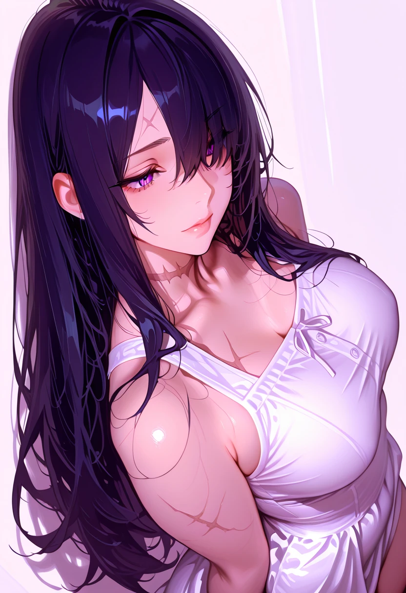 Very detailed、highest quality、Best image quality、masterpiece、8k、Anime Face、A kind smile、Open Mouth、((black middle hair:1.5))、big breast, sexy、 beautiful body 、Cowboy Shot, Sexual Intercourse, ((purple eyes)), hotel bedroom, ((( Jeans))), (((pink bra)))