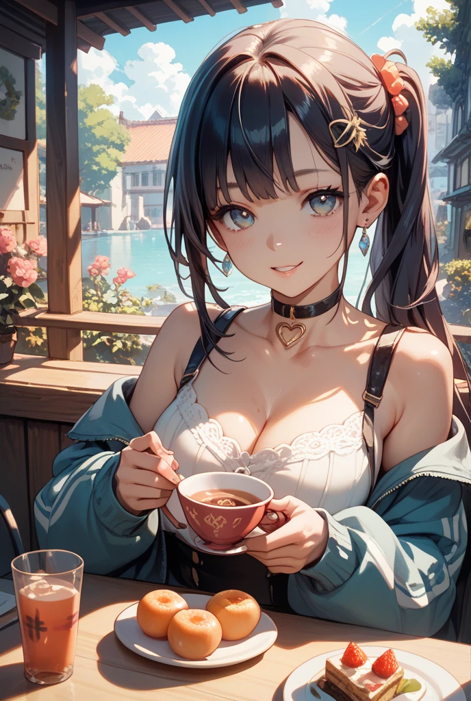 top-quality、Top image quality、​masterpiece、teens girl((18year old、 Ager、Best Bust、Medium bust,wide open breast tea、light blue eyerest, black and golden hair、A slender,Large valleys、dye one's cheeks red、Black yukata、pretty pose、Holding a fan、Inviting Pose)),hiquality、Beautiful Art、Background with((Inside the inn、natta、Red carpet))、masutepiece、depth of fields,a picture