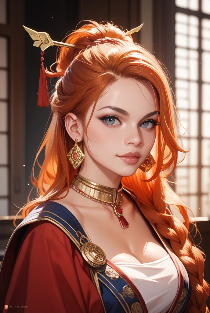 ((best qualityer)), ((work of art)), (detailded), A full-length portrait of an Irish woman with red hair shaved on the side, an ornate tiara on the head. Photography captured in stunning 8k resolution and raw format to preserve the highest quality of details. The beauty of women is exotic and undeniable, an empress with a serious look and freckles on her skin. She wears a red ceremonial dress with some delicate embroidered details that complement her imposing and superior pose.., all portrayed with meticulous attention to detail, showing perfection and maturity on his face with menacing features, mas delicados e olhos penetrantes hiperdetaildeds. The photograph is taken with a lens that frames the entire body, challenging the look, and the setting is a fantastic environment with a cherry tree with many strands of hair falling, the brightness of the environment highlights the vibrant colors of the scene. The lighting and shadows are expertly crafted to highlight the rich details of her freckled skin and the grandeur of an empress.. Your red hair, with distinct variations in tone, stands out, complementing the complexity of details on her beautiful freckled skin. The ambience of the scene adds a sense of royalty, highlighting the authority of an empress. The overall composition captures its essence with authenticity and grace. Photography by challenge512, using the best shadow and lighting techniques, to create a mesmerizing portrait that transcends the visual.