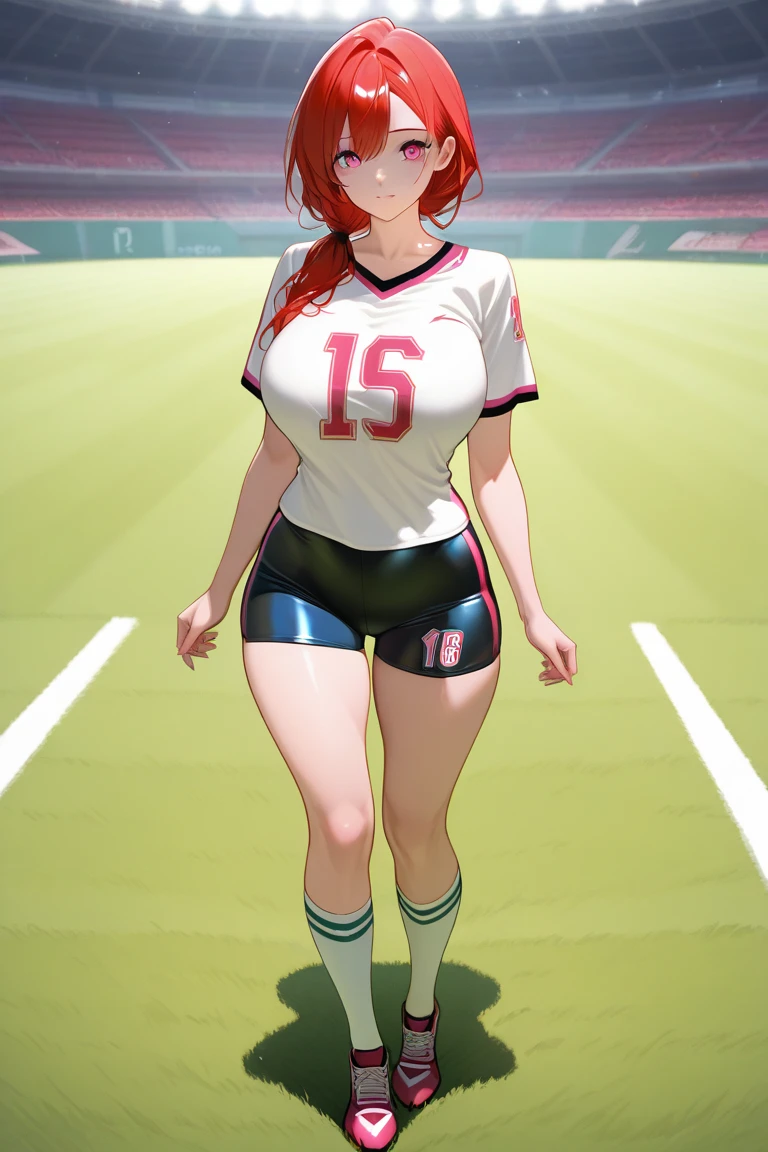 (best quality,8k,highres,masterpiece:1.2),ultra-detailed,(realistic,photorealistic,photo-realistic:1.37),cartoon style,detailed face,athletic woman,sporty outfit,red hair,charming smile,green eyes,looking at the camera,sporting attire and sneakers