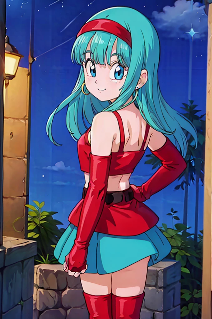 masterpiece, best quality, highest quality, photorealistic, perfect anatomy, perfect face, perfect eyes, aqua hair, brabulladbgt, red hairband, red dress, short red dress, hoop earrings, choker, solo, 1 girl, city, outdoors, sexy pose, smile, sunset,