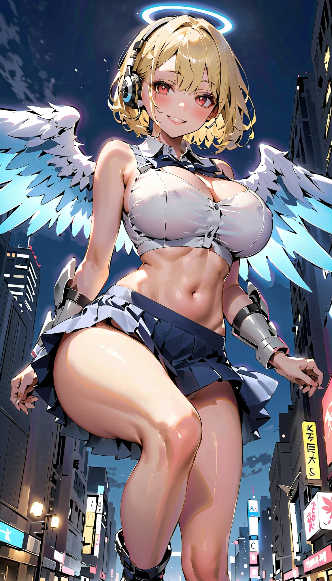 japanese anime style。illustratio。Dark Fantasy。White feathers。girl with。a blond。undergarment。natta。battle field。Colossal tits。pubick hair。teats。a miniskirt。A little angry。Squatting and crotch open。