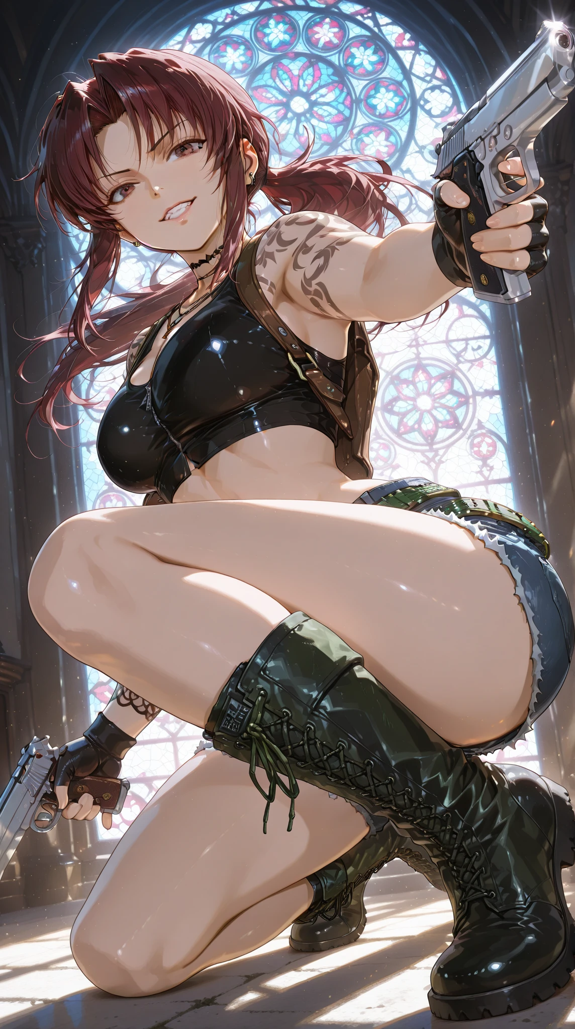 masterpiece, Best Quality, HDTV, Hi-Res, Single, Solo, Cleavage, Sweaty, Drenched, Droplets running down your legs, Lower body soaked, Wet hips, Extra crotch drops, Three-dimensional sensation of body parts, Realistic skin texture, Squatting, Light skin, Drizzling breast milk, Splattered breast milk, Puffy, pubic hair, protruding pubic hair, (chains, chains, handcuffs, limb restraints, restraints, chained wrists, drooping breast milk, low angle, from below), puffy, supraophthalmos, breast milk, blushing cheeks, sticking out tongue, tight suit