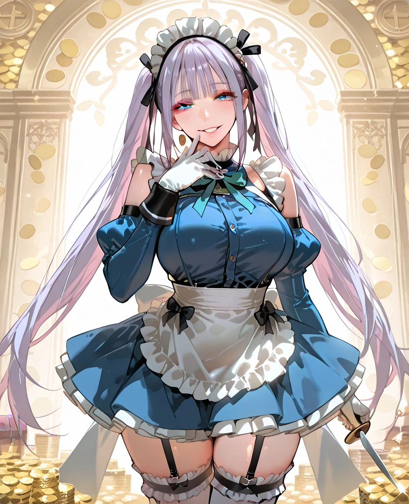high color saturation、masterpiece、highest quality、High resolution、very delicate and beautiful、beautiful breasts、woman1people、((woman1people、solid color background、hair length、Greige hair、thick legal clothing、skirt、maid Cafe))、Huge 、off shoulder、cleavage、bbw、