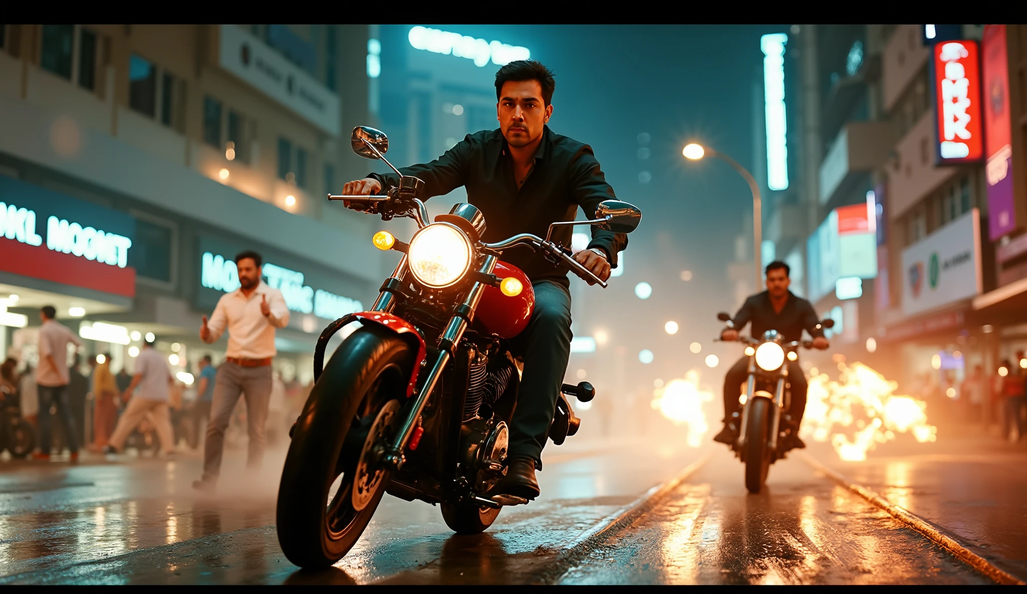 A high-octane action scene with a motorcycle chase at night on wet streets, Indian man with gun firing, sparks flying, cinematic lighting, slow motion effect look, Bollywood thriller atmosphere