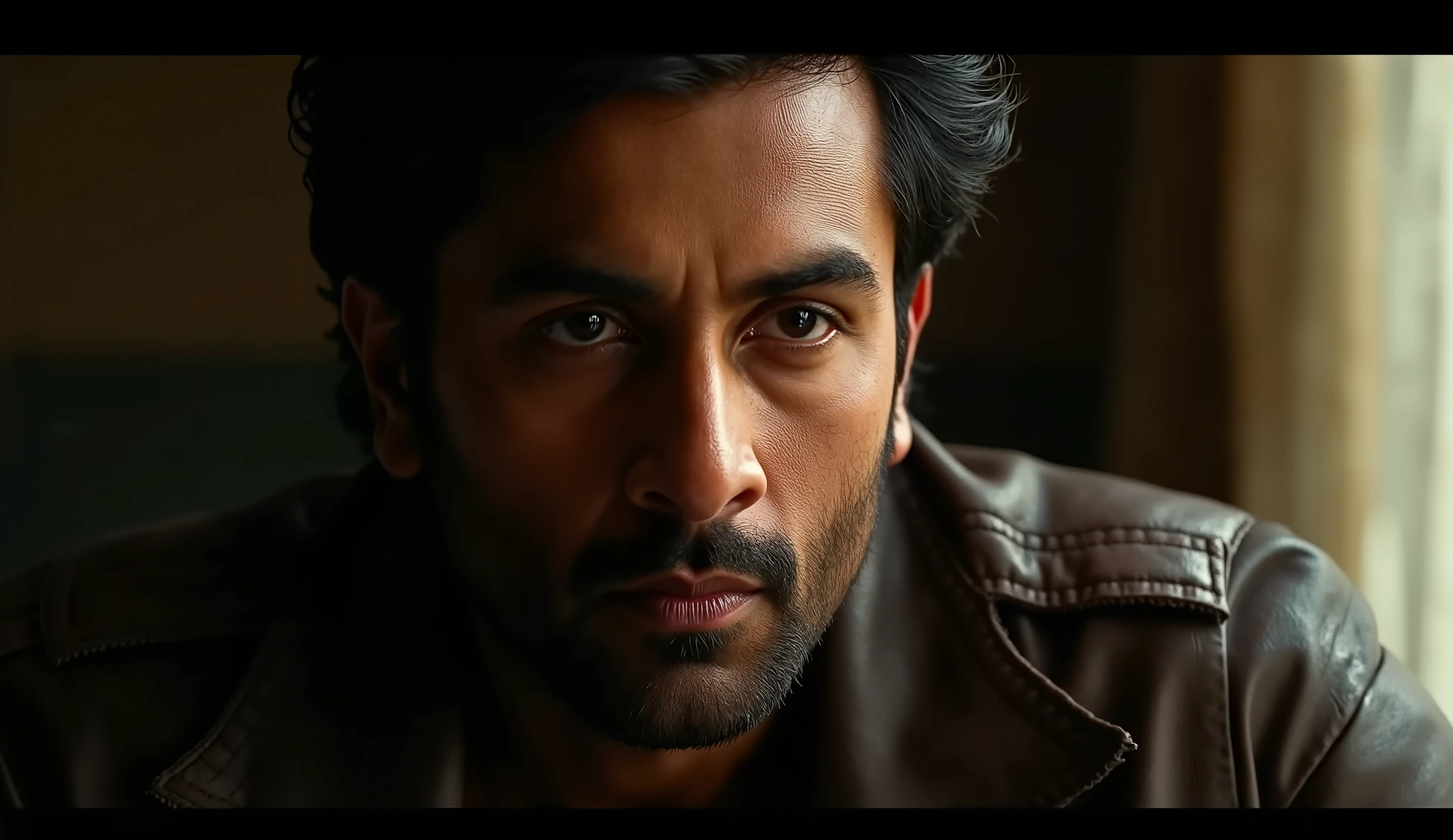Close-up of a brooding Indian man in a leather jacket, speaking intensely, low lighting, cinematic Bollywood style, background blur, emotional expression, high realism, movie scene atmosphere