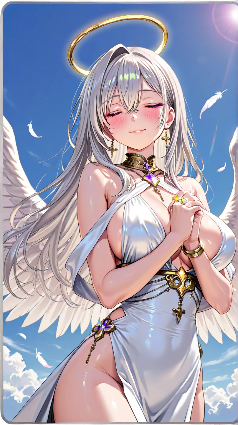 (on the table, high quality, high resolution,Highest quality), (works of masters),(Religious themes :1.25),blurred background,warm light,, (rich and colorful:0.7),(Chis:1.1), (Stained window glass,Tyndall effect ,1.05), 、a girl 、floating white feathers, (halo:0.95),There is light on the face,(Zentangle:1.3),(eyes closed:0.55),eyelash, (1 Law:1.1),Angel,Angel wings,a white wing,huge wings,alone,clavicle,(cross:1.1) necklace,Ornaments isolated,(blush:0.6), (ahog:1), (cosmetic:0.5), young look、10 years old、Datong, (head tilt:0.75),white dress,perspective, floating in the air, beautiful,noble, barefoot, Tilt Stand,(from the side:0.8), bare shoulders, shiny skin, shiny hair,long hair, peaceful,(bright pupils:1.1), yellow eyes, white hair, flowing hair,cold face、gods々Zhikai beautiful breasts、huge breasts:1.4 beautiful breasts、huge breasts:1.4