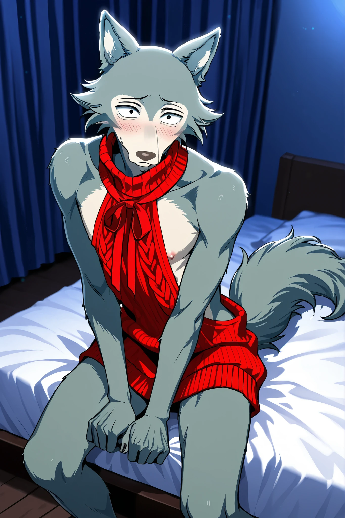 Legoshi(BEASTARS)、male focus、solo、wolf、Fur、wearing a red virgin killer sweater、pink nipples visible、in the room、Sitting sexy on the bed、Blush、troubled expression