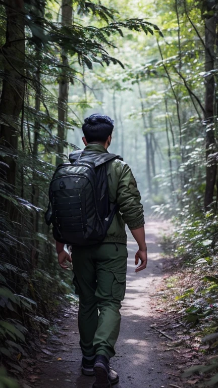 Hunted mention, a boy standing front of hunted mention with bagpack, dark, YouTube thumbnail, one boy, hunted house, dark moody, realistic, 4k,render,house in middle of the jungle, horror