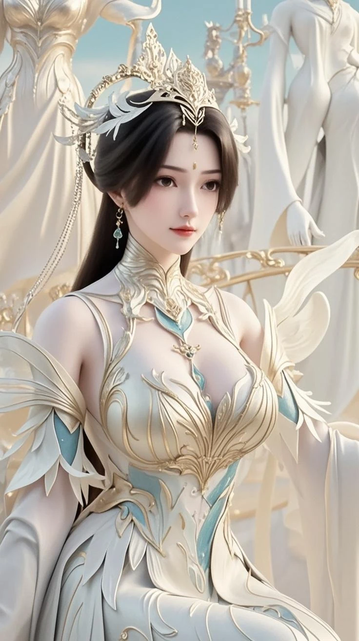 (masterpiece:1.4), (8k, photorealistic, RAW photo, best quality: 1.4), japanese, arafed woman in a white dress with gold accents and a crown, a beautiful fantasy empress, 3D render character art 8 k, unreal engine render + a goddess, beautiful and elegant elf queen, ((a beautiful fantasy empress)), ornate cosplay, fanart best artstation, hyperdetailed fantasy character, irelia from league of legends, goddess, beautiful face, (realistic face:1.4), (high detailed hair:1.3), beautiful hairstyle, realistic eyes, beautiful detailed eyes, (realistic skin:1.3), beautiful skin, attractive, ultra high res, ultra realistic, highly detailed, golden ratio, (detailed face:1.4), (realistic medium breasts:1.4), (braless:1.4), perky_nipples.