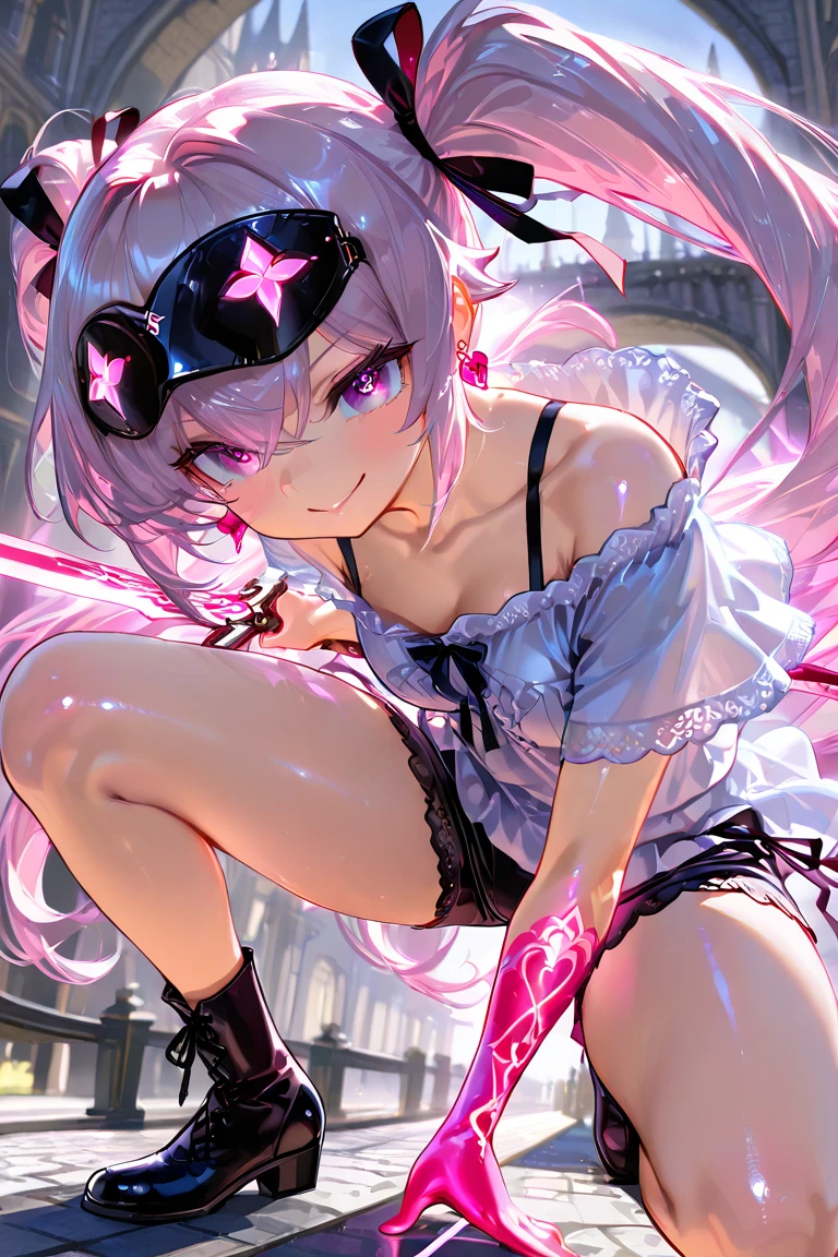((Highest quality)), ((masterpiece)), ((detailed)), (4K), an anime girl with some bunny ears holding up her underwear, 1girl, 独奏, pantyhose, x hair ornament, nipples, breasts, long hair, animal ears, hair ornament, leotard, rabbit ears, fishnets, detached collar, looking at viewer, twintails, pink nails, playboy bunny, smile, small breasts, handcuffs, fishnet pantyhose, black leotard, bangs, closed mouth, bow, blush, clothing cutout, mole