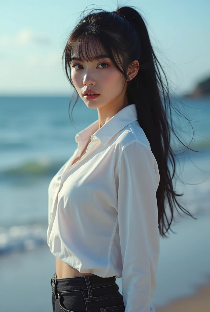 One lady、((best qualtiy、8k masterpieces:1.3))、foco nítido:1.2、(ultra beautiful faces:1.0)、(shinny skin:1.0)、photos realistic、A dark-haired、Video Lighting、High-definition eyes and face、Video Lighting、(Korean Cute Actress)、from the front side、medium breasts、ssmile、Sleeveless、Slender Abs Beauty、Whole body、Wearing a white blouse、On the beach at night