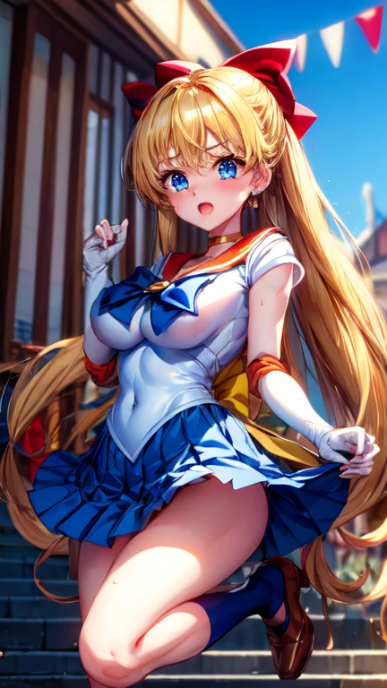 masterpiece、High resolution、high resolution、4K、8k、(((Spread your legs and bend one leg、Big Breasts、Exposing the breasts)))、((Shiny underwear)))、Sara Warrior Uniform、Beautiful beauty、Golden Hair、((whole body))、(((Photo taken from below)))、School、classroom、Large Breasts、Big Breastini skirt、Panties are black、Japanese、tall、Long limbs、18-year-old、Minako Aino、A beautiful nose like a model、Put your hands on your hips、Natural smile、Sexy pose、Hairstyle: Long hair、Beautiful belly button、Red ribbon on head