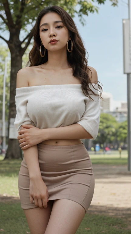 arafed woman sitting on a bench in a park, white shirt and grey skirt, irish girl, photo of slim average face model, clothed in white shirt, wearing tight simple clothes, smooth grey tight skirt, pale skin, ginger hair, good narrow hips and long legs, shirt open showing nice ((braless natural breasts))
