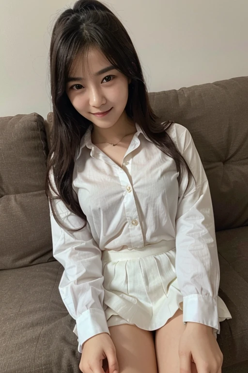 (highest quality、8k、Best image quality)、(One woman:1.2)、 ((from the front))、(long black hair)、(Smaller breasts)、Underboob、(Spread your legs:1.5)、(Panties are visible)、Toned body、Waistline、(perfect beautiful teeth:1.1)、Natural Makeup、(beautiful thick legs:1.2)、(Perfect and realistic skin texture:1.2)、(Accurate anatomy:1.1)、sexy、(((Navy Skirt)))、(((Half-removed white shirt)))、((Lace panties with attention to detail))