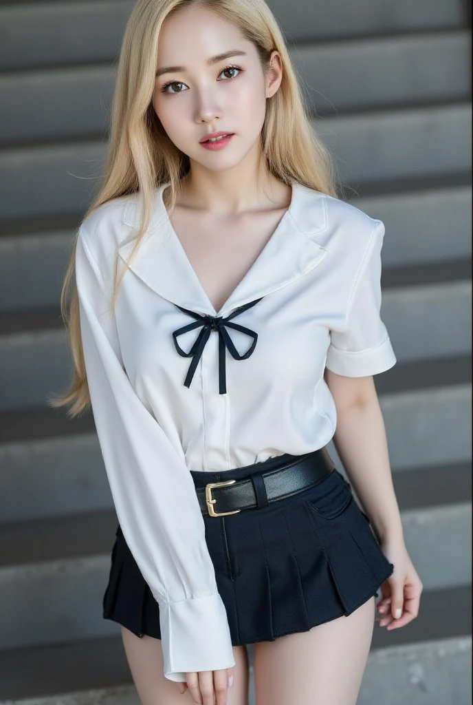 (masterpiece, Highest quality, detailed), One girl, alone, Kitagawa Marine, One girl, Blonde, Long Hair, Multicolored Hair, Red eyes, jewelry, Earrings, Earrings,
, White shirt, tie shirt, Black Choker, Blue tie, Checked skirt, Grin, peace sign, Dutch Angle, indoor, classroom, School desk, window, School Chair, curtain