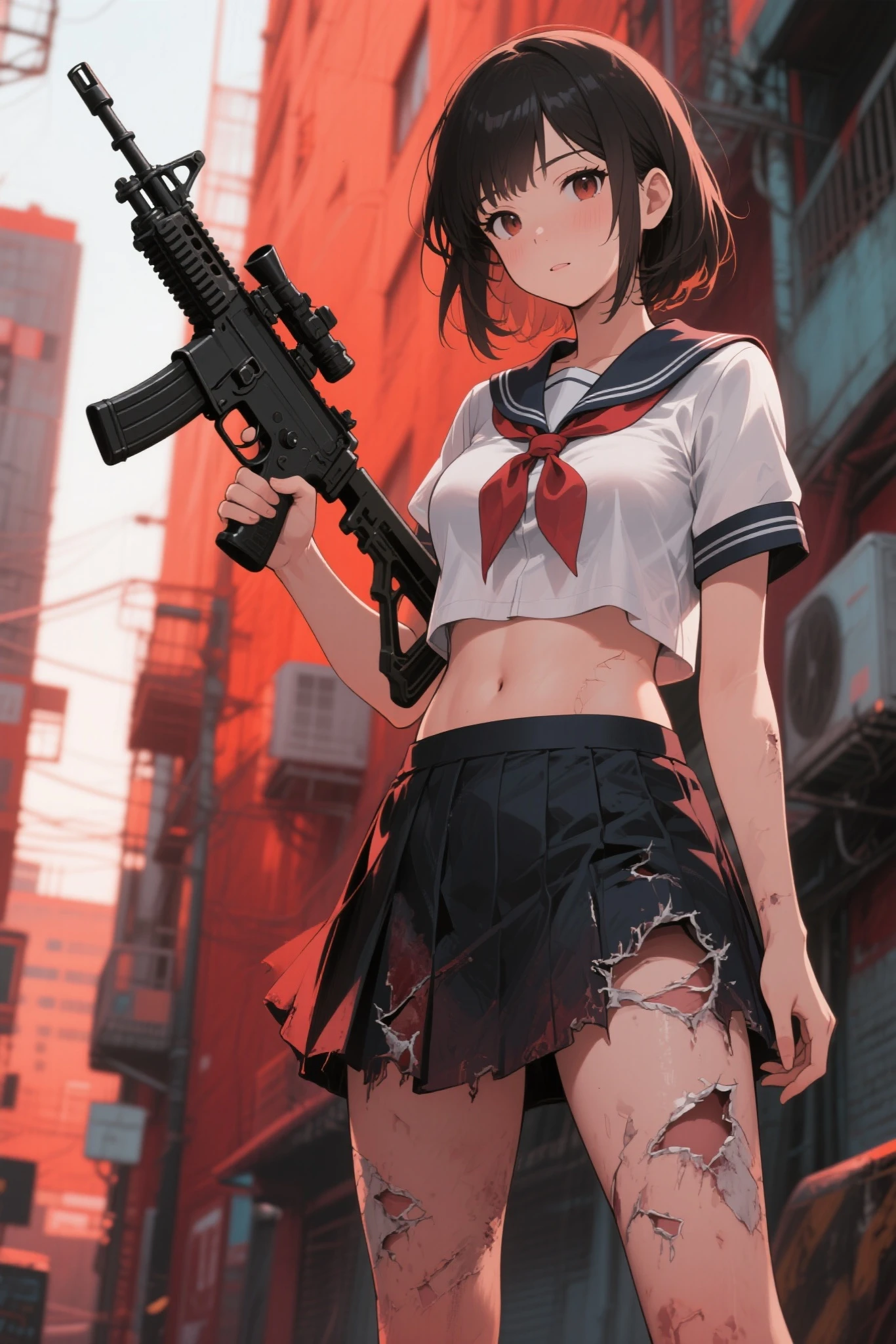 ((Masterpiece)), (Super Detail), Detail, Best Image Quality, Illustration, (Heavy Rain), 20 year old woman, Beautiful woman, Beautiful wet black hair, Bob cut, Beautiful red eyes, portrait closeup, Wet white shirt, tie, Wet checkered miniskirt, Black socks, Black shoes, Weapon holding a sniper rifle, Fighting with weapons, Wet white underwear,