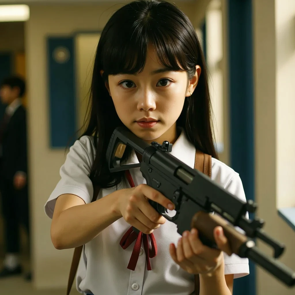 school girl mini skirt realistic gun toting firing real person