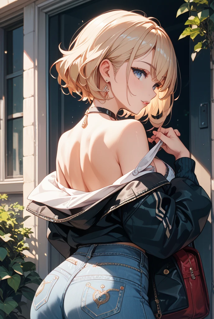 masterpiece, absurdres, best quality, ultra detailed, high Resolution, detailed illustration, bright colour, (extremely beautiful detailed face and eyes, Delicate beautiful face, 1 girl, cute face:1.3), (magenta eyes:1.1), sparkling eyes, big eyes, medium breasts, (perky breasts:1.1), (pointy breasts:1.1), medium hips, glamorous body, white skin, BREAK, asymmetry long bob cut, (blonde hair:0.8), messy hair, detailed hair, shiny hair, BREAK (skinny slacks, soft Buttocks:1.5), perfect lighting, (embarrassed:1.5), (ecstasy, vulgarity:1.5), (trembling:0.8), From behind, Standing in honor,