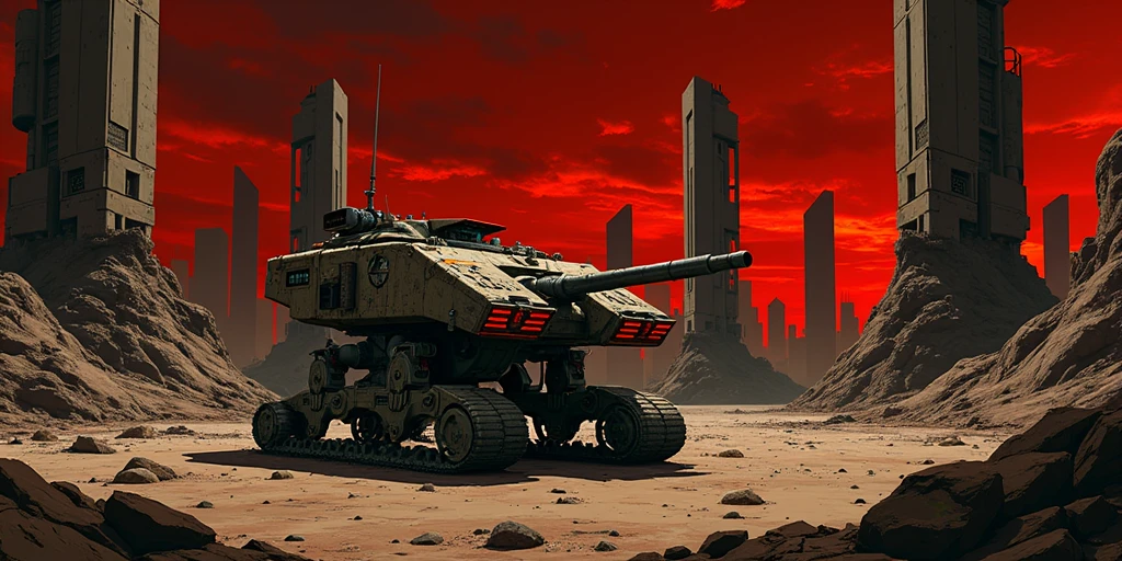 Giant tank, medium robot soldiers, desert scape