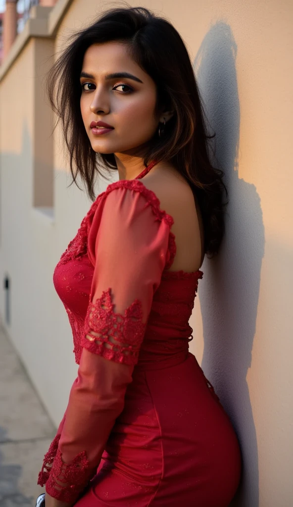 1 cute confident young indian girl wearing a red dress, candid photo, side view of face, height 160 centimetres, petite build, fair skin, average hair length of 60 centimetres, D cup breasts, photorealistic, detailed eyes, highly detailed, 8k, masterpiece, photorealistic, high contrast, detailed skin texture, ultra-detailed, realistic skin texture