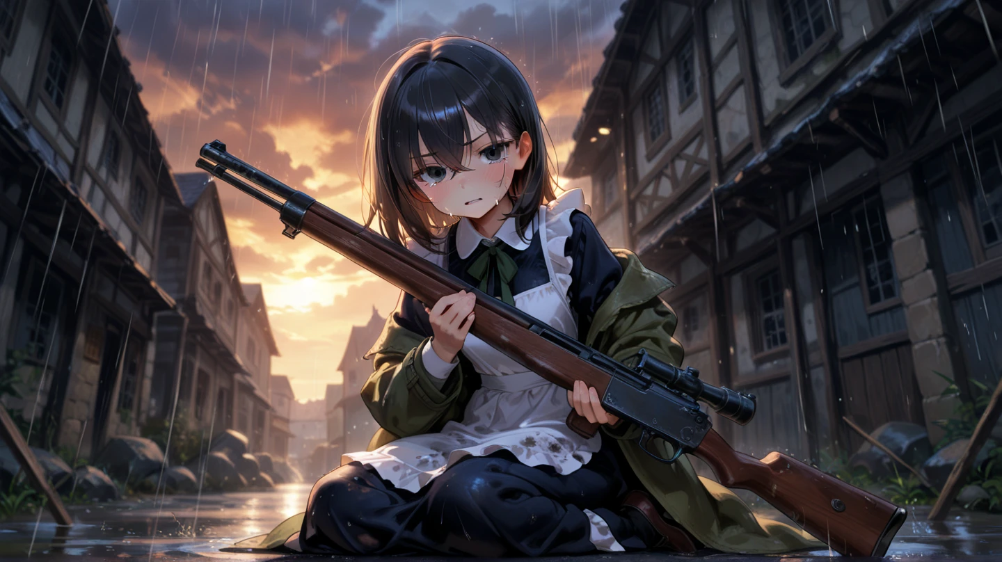 (masterpiece:1.4), high quality, high definition, sharp focus, detailed clothes, detailed body, detailed face, anime, best quality, 4k, 8k, absurd resolution, intricate detail, detailed hands, detailed eyes, animation, illustration, highly detailed, highres, extremely detailed, <lora:ETO_OCC002:0.7> ETO_OCC, black hair, (curly hair:1.5), long hair, thick eyebrows, <lora:hyperdenoiser_v090:0.6>, (plump), (curvy), (thick), (hazel eyes:1.3), (parted bangs:1.4), <lora:mesugaki-10:0.6>, smiling, smug, <lora:ETO_OC:0.2> ETO-OC, <lora:sensualface_type1:0.6>, seductive smile, <lora:perfetfingers:1>, pureerosface_v1, prettify, OverallDetail, Illust-InstaFilter, hotify, edgQuality, Earth-QualityPos, BodyPositive, Best_QualityPos, 1girl, breasts, skindentation, ah1, <lora:hyperrefiner_v090:0.6>, sitting, holding weapon, assault rifle,
