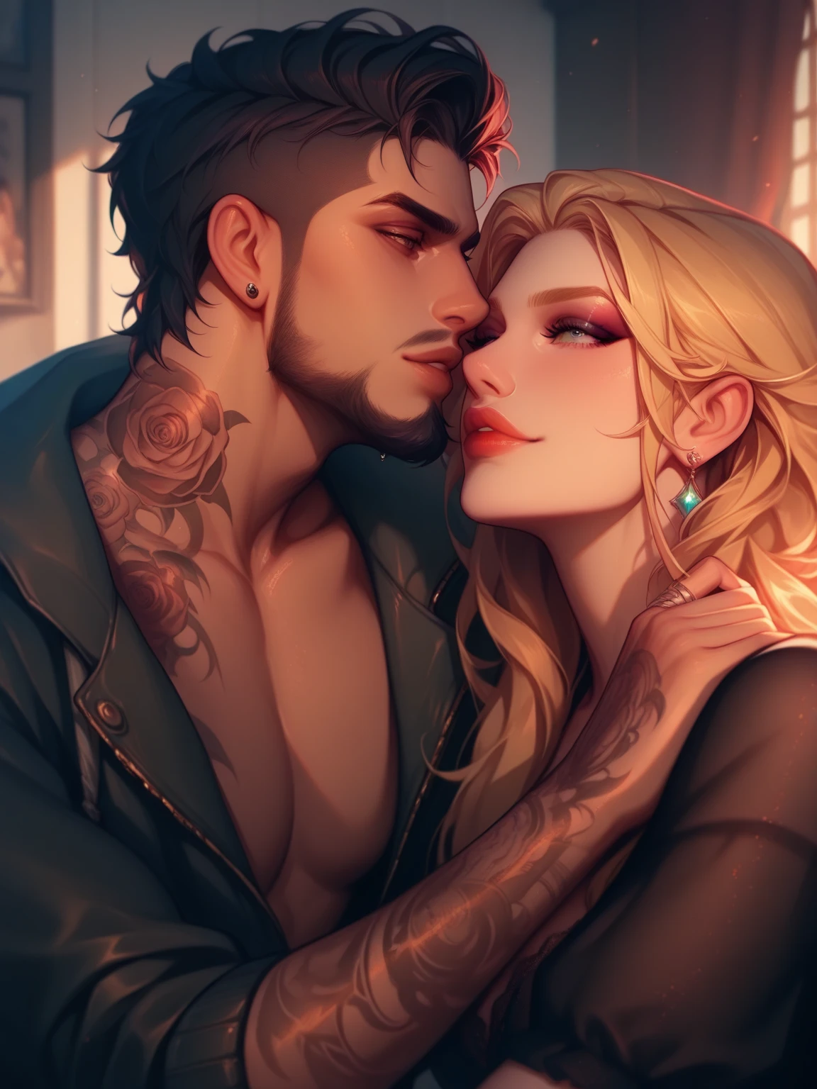 I would like to get an anime-style image of a couple consisting of a man with long platinum hair and a tattoo, flying to the waist, kissing a woman with long golden hair and in black lace underwear, she hugs him around the neck.