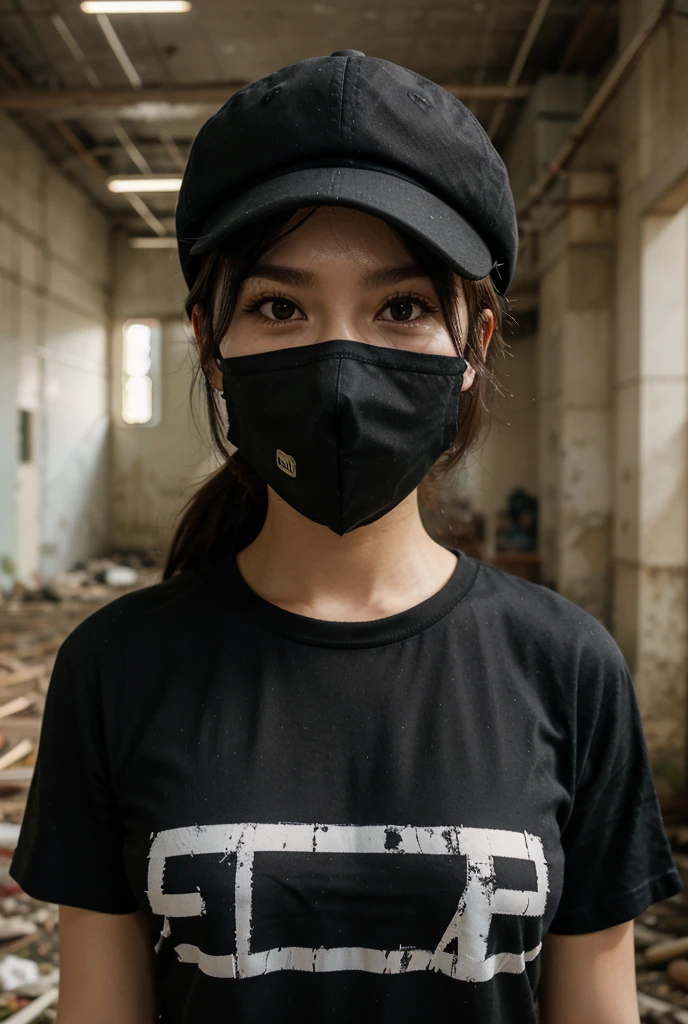 holding a parasol, gas mask, protest, 30 years old, peace march, short hair, loudspeaker, placard, march, turtleneck, sleeveless,