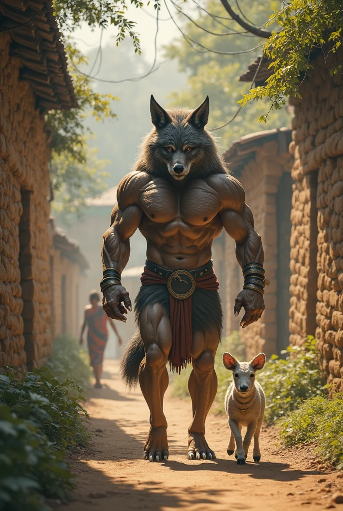 The captured wolf warrior is pulled by the leash of his collar wearing only a loincloth.