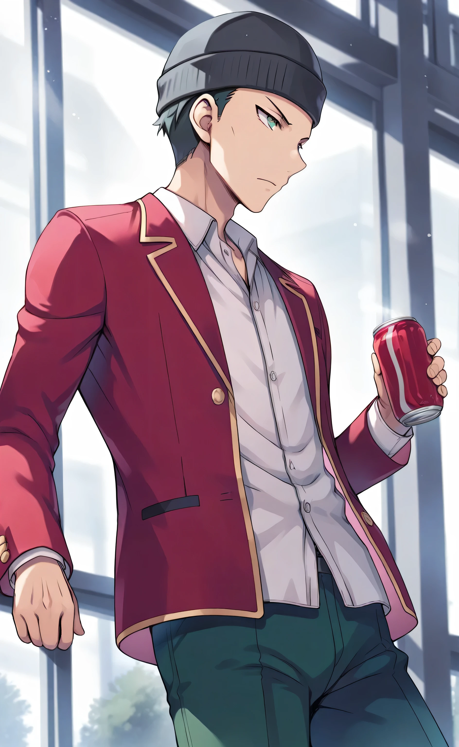 1male,solo,Akai Shuichi,black beanies hat,black hair,short hair,green eyes,red blazer,white shirt,green pants,holding can,school,
