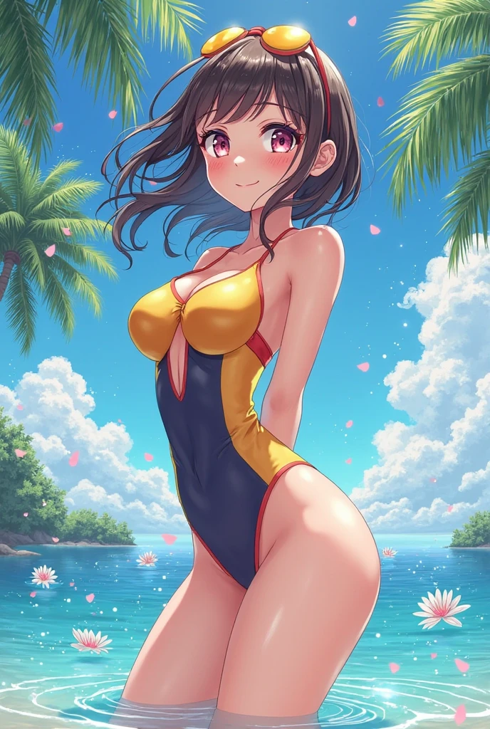 A brown haired woman with red eyes with an hourglass figure in a cute one piece suit is holding a beach ball on her hip at the beach