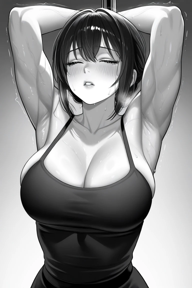 gym background、Super detailed illustrations、angry expression、masterpiece、highest quality、ultra high resolution、high resolution、(Sweat、body fluid)、shiny skin、black hair、very short hair、color red eyes、white croptop turtleneck、sleeveless、Standing picture、hot pants、put hands behind head, armpits, armpits visible, very large breasts, looking at viewer