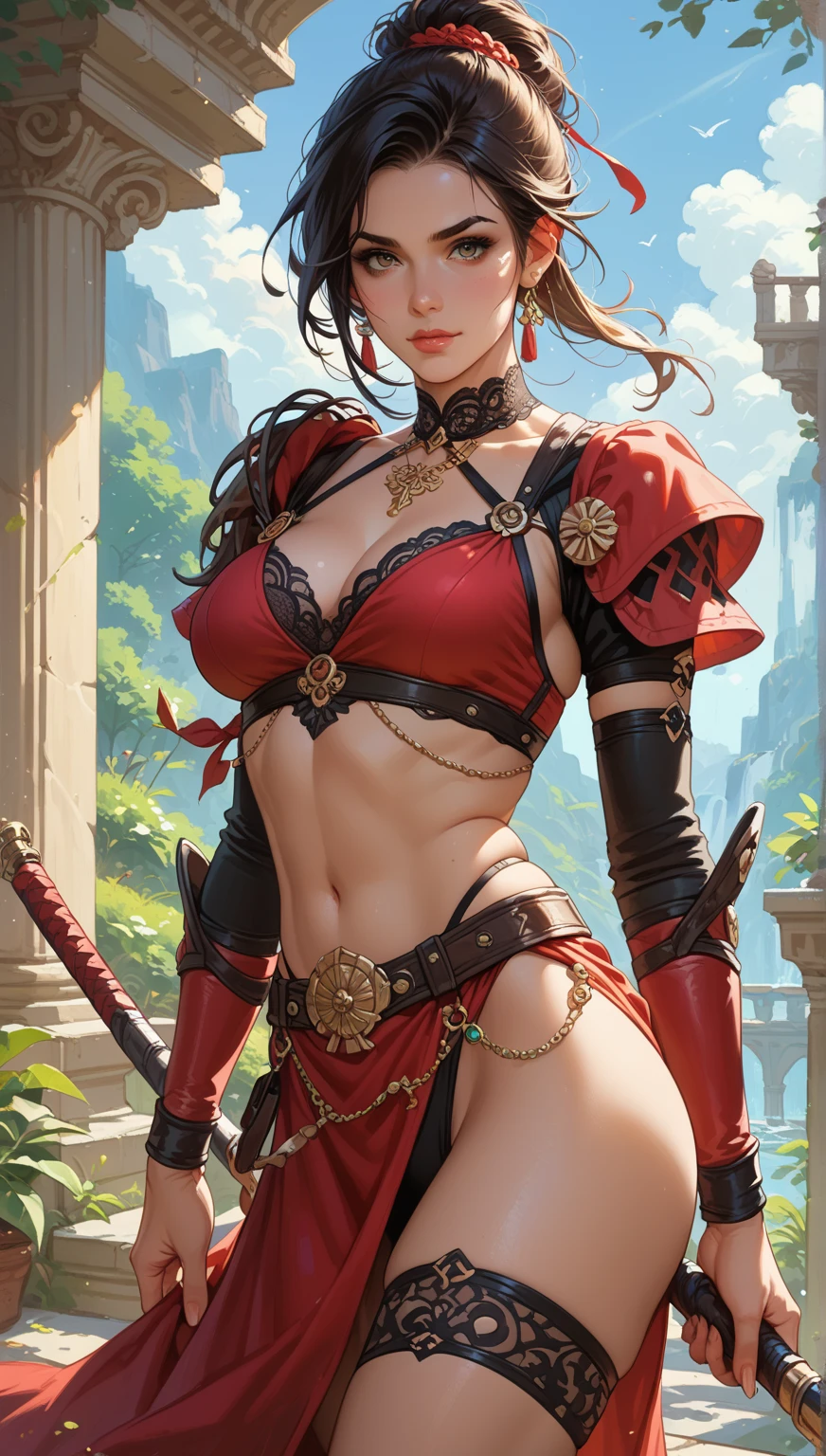 Uma mulher vestida de lingerie vermelha segurando uma espada em frente a uma waterfall, Kizi, in battle stance, standing backwards, a shiny katana (holding it by the handle), very long brown hair, blue colored eyes, big-ass, red thong with strings, white lace thigh high stockings, cinematic light, Trees, waterfall, Chinese shrine, blue sky, white clouds, seminua, breasts big, quase nua, great breasts