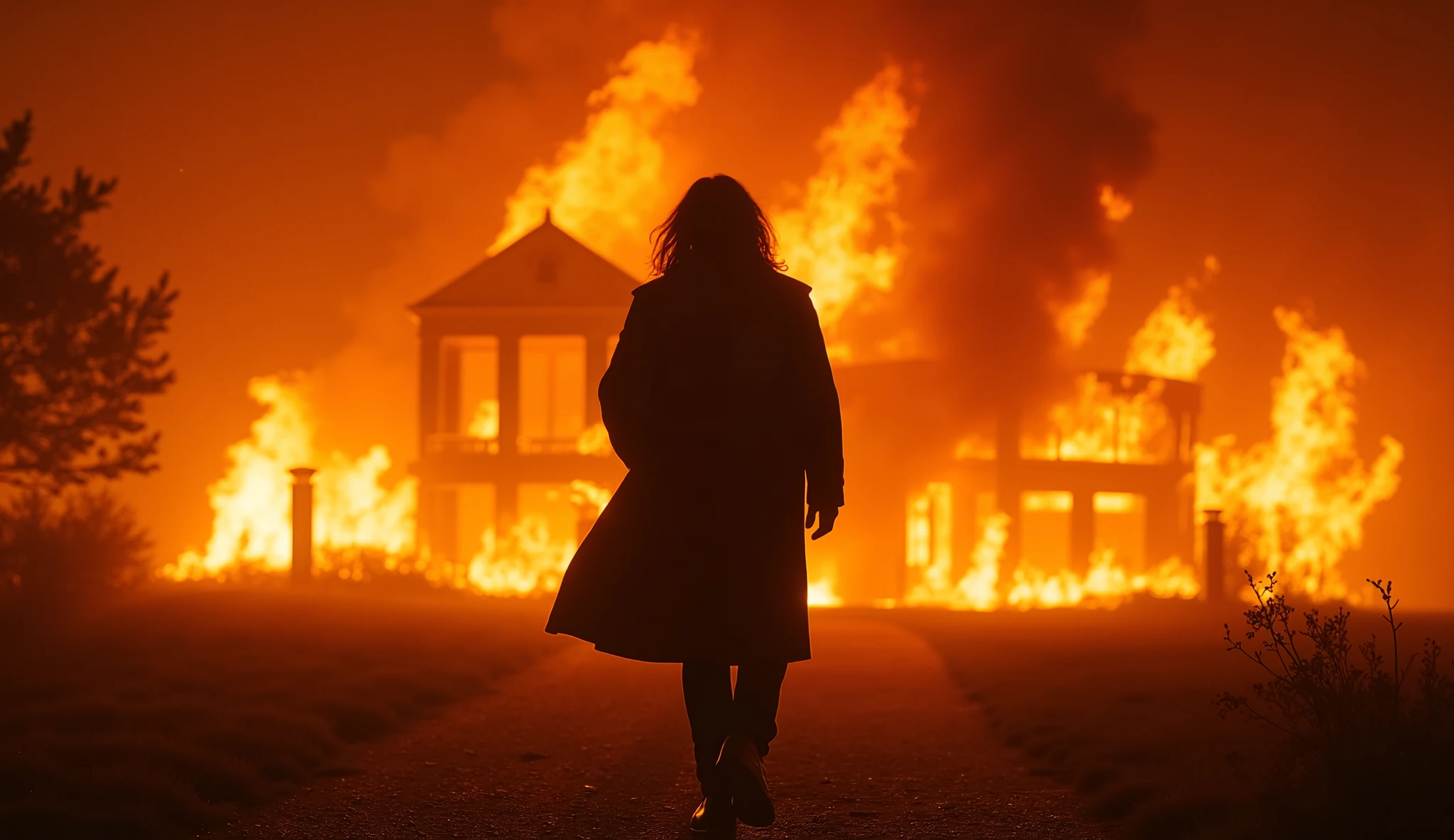 A burning house in the background with dramatic flames, silhouette of a man (long hair, trench coat) walking away slowly, smoke and ash in the air, ultra cinematic mood, Bollywood revenge scene