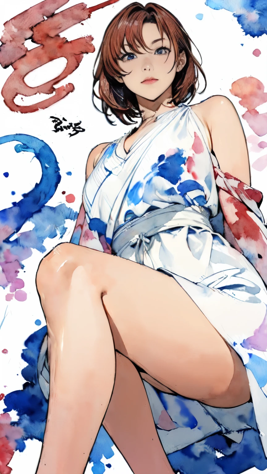 ((masterpiece)), (best quality), (cinematic), (watercolor), retro art, 1 girl, alone, Wearing a white top and high-waisted shorts, Big breasts, chubby, Martin, Martin artwork, Mobius + type germ, Beautiful comic art, João Ruas, author:Jose Comas Quesada, Feng Fujiko , inspired by Vincent Lefevre, Jamie McElwee Comic Art, milo manara style, whole body, split, running, High heel ,cute ukiyo-e,