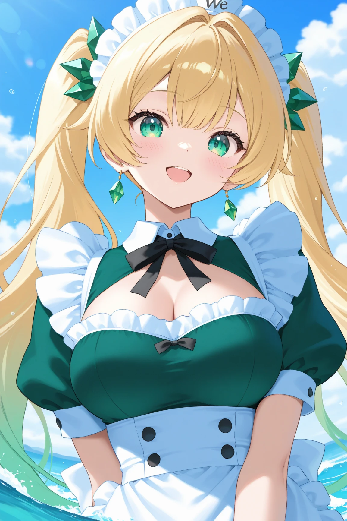 (highest quality, amazing details: 1.25), (2heads:1.5), 1girl, teal eyes, smiling, blonde long hair, extremely tall, casual wear, green turtle, huge breasts, identical hair color