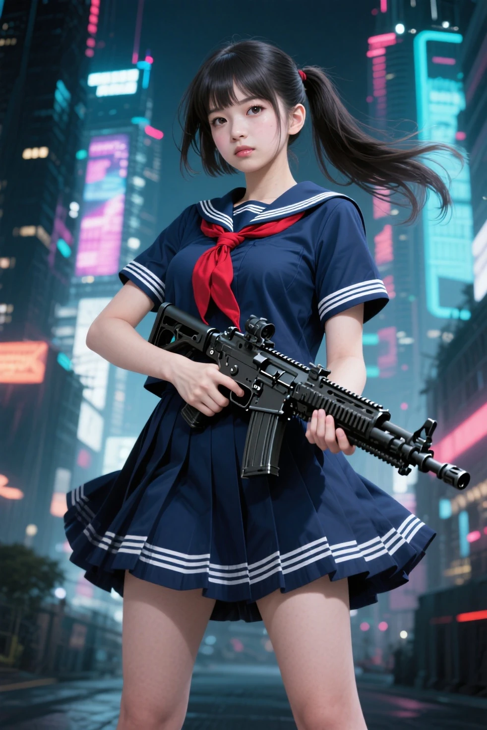 masterpiece, best quality, high resolution, depth of field,
1girl, solo, (black_hair, twintails), blue_eyes,
holding gun, ak-47, akm, assault rifle, kalashnikov rifle, trigger_discipline, low-ready,
(sailor suit:1.3, pleated skirt),
(portrait, left view), from below, standing, upper body, looking at viewer,
sunny, blue sky, cloudy sky, broken building, destruction building, street,
<lora:koreandolllikenessV20_v20:0.2>, <lora:goYoonJung_v10:0.3>, <lora:japaneseDollLikeness_v10:0.6>, <lora:cuteGirlMix4_v10:0.2>,