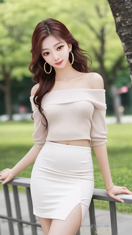 ((Tabletop, Highest quality, High resolution, Hmph, Pixel perfect, Depth of written boundary, 4K, Hmph, Hmph)), A Korean beauty 20 years old, single, alone, Beautiful art style, ((Long Hair, Brown Hair)), (blue eyes:1.4, Round eyes, Beautiful eyelashes, Realistic eyes), (Detailed face, blush:1.2), (Smooth texture:0.75, Realistic texture:0.65, Realistic:1.2, ), Medium chest, Cleavage, (Dynamic Angle, Dynamic pose:1.4, Focus on your audience), Perfect body, Thin legs、((White sweater, Long sleeve, Checked skirt, stockings)), smile, Open your mouth, (Leaning forward), (Put your hands behind your back), amusement park, necklace, Round earrings