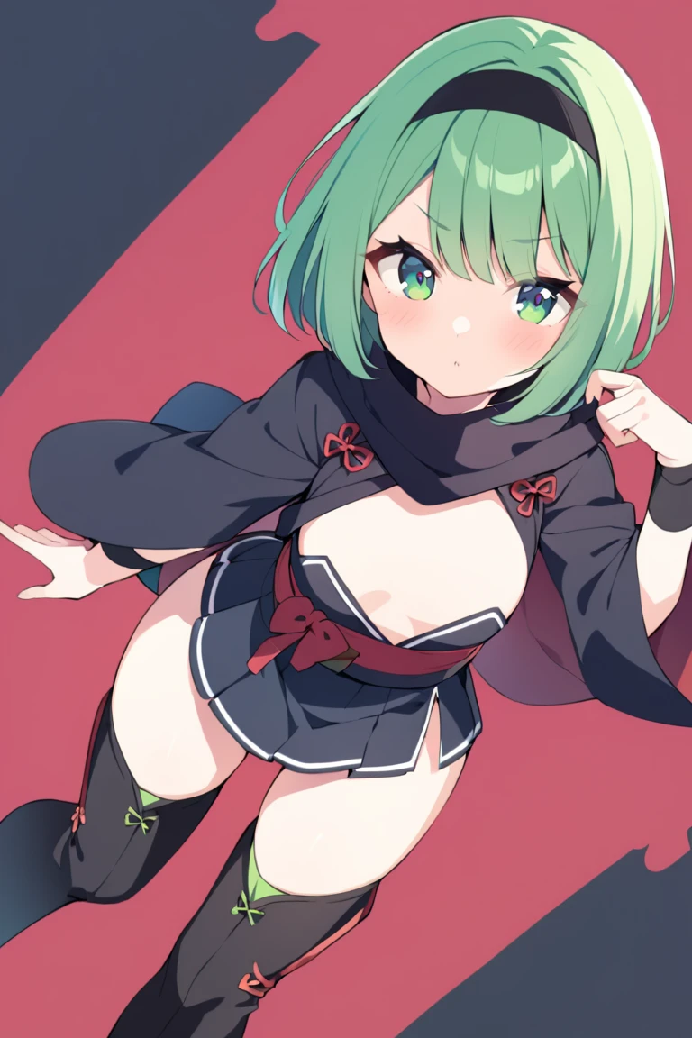 1female, teacher, wearing a dirty black suit, red tie, bootyshorts, broken dirty green tint bunny ears, Thicc, big breast, dirty green tint hair, short hair, white eyes, face to detail, detailed eyes, the background is a dark room, showing her fangs, holding a knife, ripped clothes