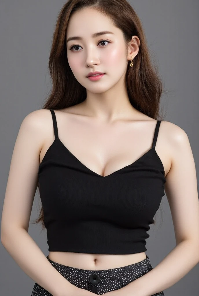 ((best quality, 8K, masterpiece, Clear focus )), 18 years old young Korean girl, ((Dark brown long hair, Huge breasts :1.1)), Slim abdominal muscles :1.2,(Cut-out chest crop top :1.3 ), (Wooden wall background :1.2), Highly detailed face and skin textures, Delicate eyes, Double eyelids, Tight black vest,Cleavage:0.4,Toothy smile,sweet,cute