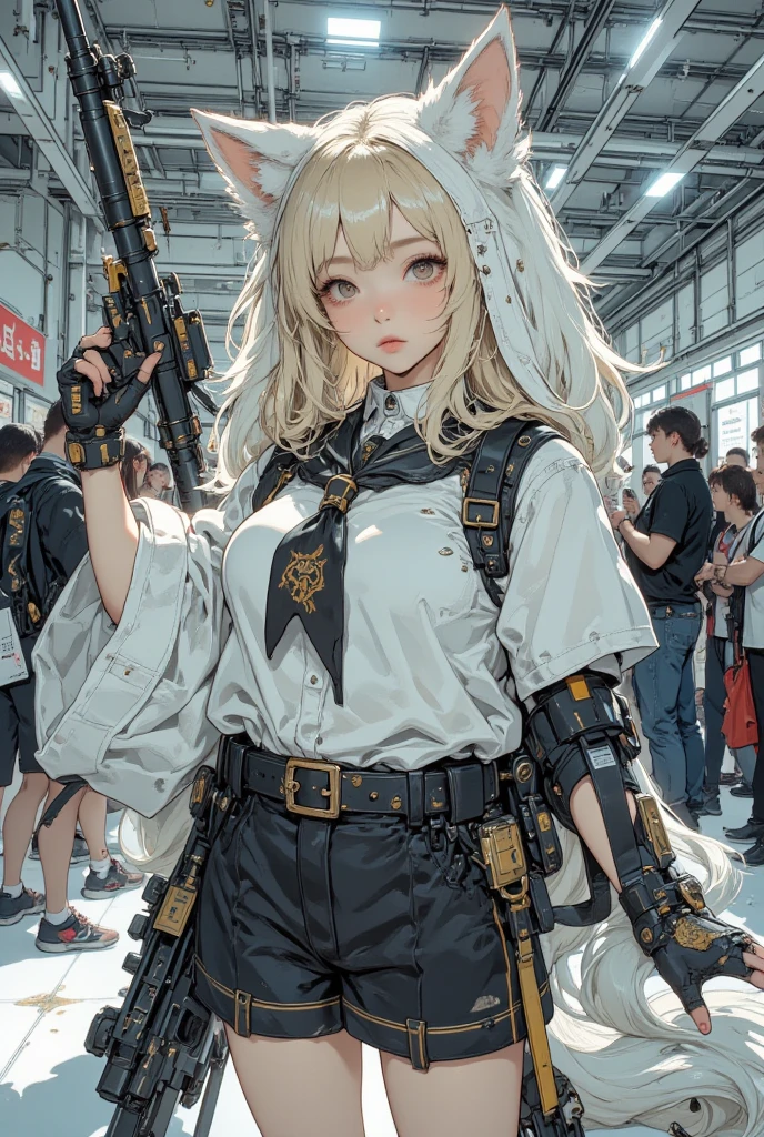 best quality,masterpiece,1girl,solo,solo focus,<lora:Ae1:0.6:lbw=JS>,Aexia,grey eyes,blonde hair,long hair,pointy ears,Mechanical ear,Mechanical cat ear,
outdoors,
shirt,(casual:1.1),
looking at viewer,