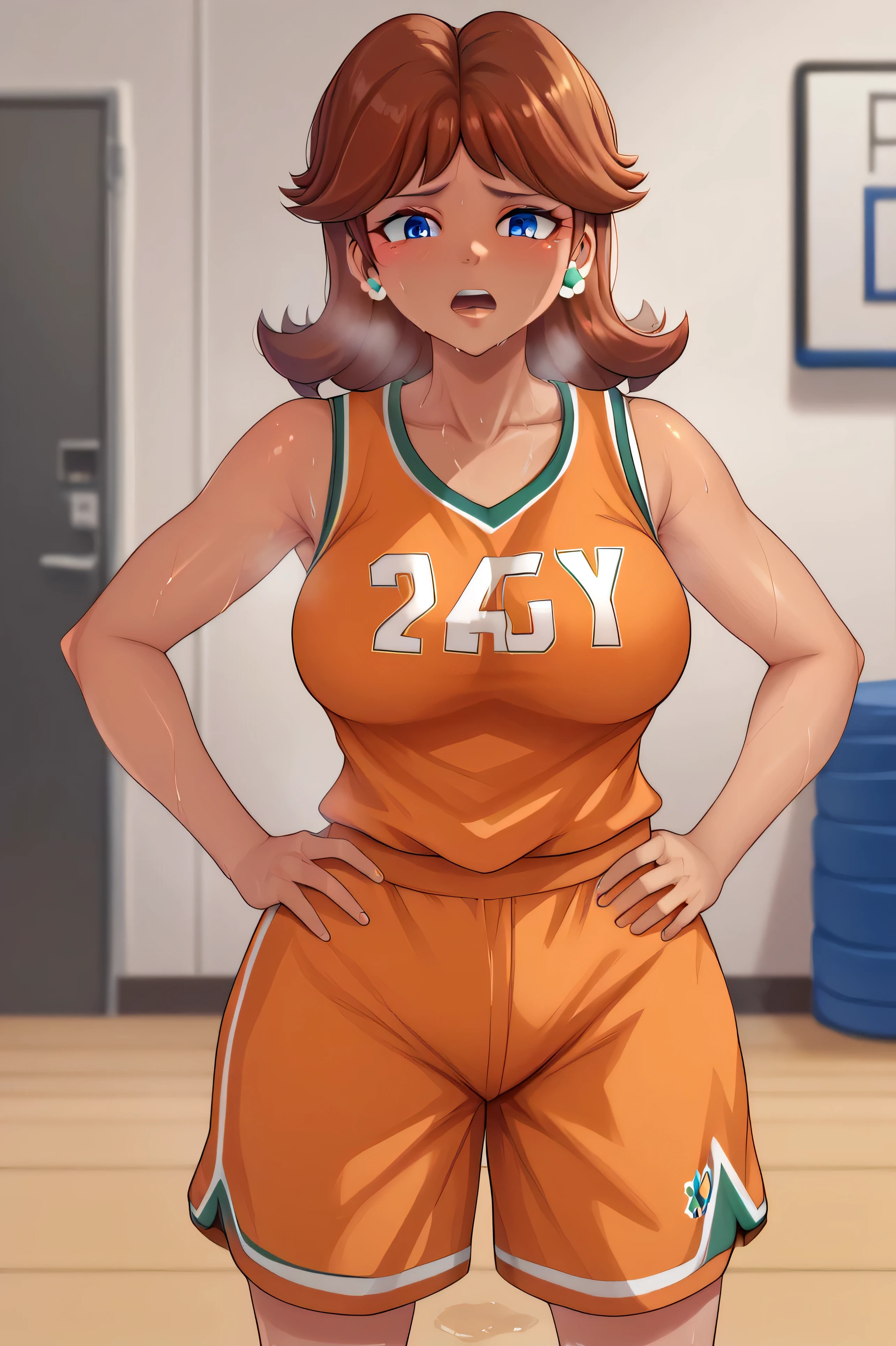 score_9, score_8_up, score_7_up, BREAK, 1girl, solo, princess daisy, 1girl, solo, , brown hair, short hair, neck length hair, casual, cowboy shot, blue eyes, looking at the viewer, large breasts, orange tanktop, sweaty, orange shorts, sweating profusely, open mouth, exhausted, heavy breathing, puddle of sweat on the ground, steam coming out her mouth, gym, indoors, she wears pink shoes,medium breasts,, basketball uniform, basketball jersery, sportswear, jersey, shorts, sleeveless,, audience, gym, sweat, open mouth, steam,, looking at viewer, open mouth,, cowboy shot, standing, hands on hips, dark-skinned female, sad