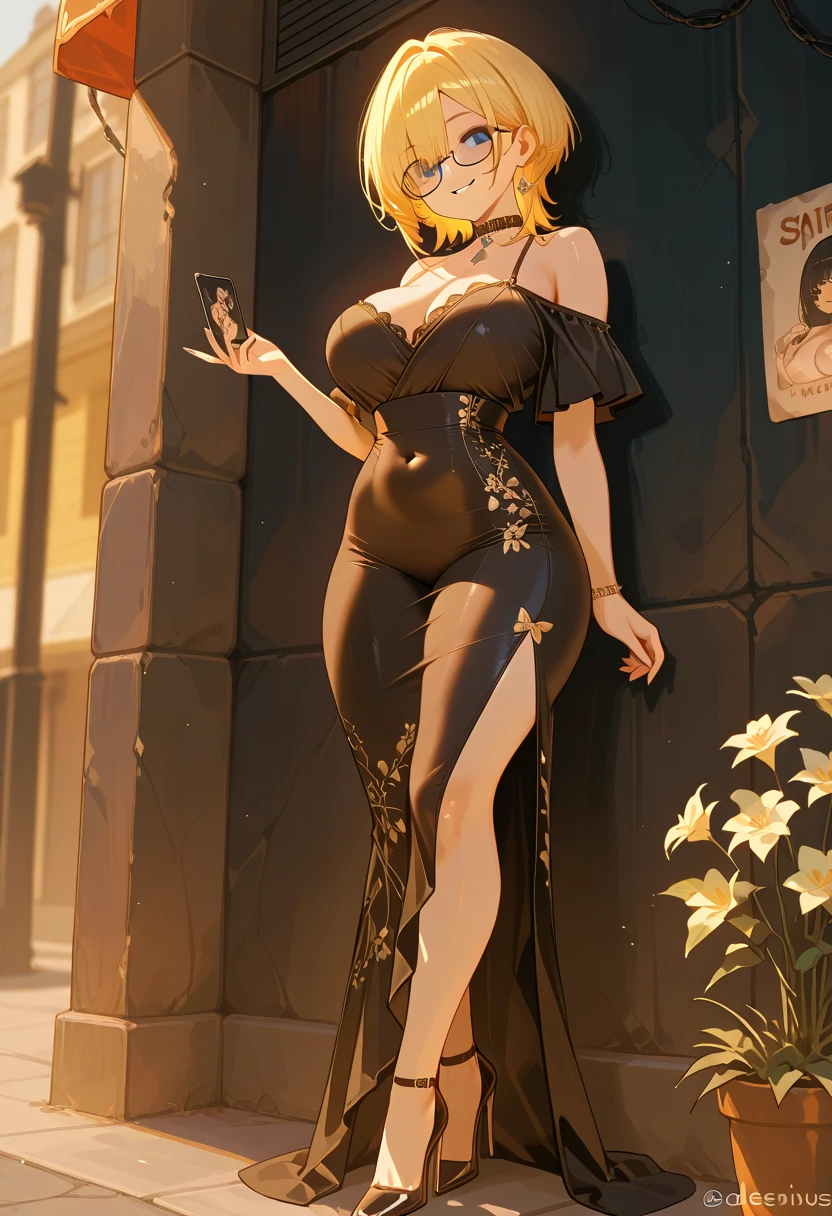 High detailed, 4k quality, stunning 23 years old female, blonde hair, random hairstyle, necklace and piercing, wearing Erotic High-Low Dress: Flirty and fun with ankle boots, ultra huge breast, long cleavage, random pose, curvy body, playful expression, random background