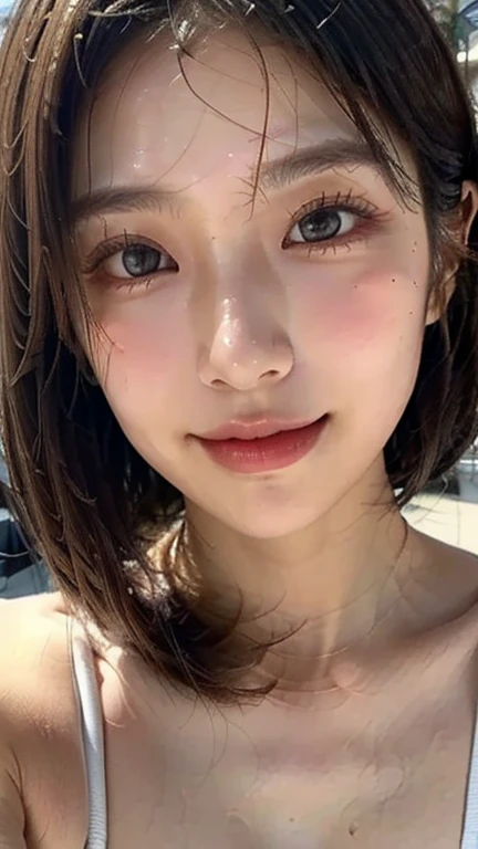 8K,Pieces fly, Highest quality, figure, Very detailed, finely, High resolution, 8k wallpaper, Perfect dynamic composition, Dark and beautiful eyes, bandeau bikini, Random Cute Hairstyles, Natural color lip,At the Beach, Random cute poses,Cleavage,Detailed eyes,Smile,Detailed teeth,Wet body,Wet Hair