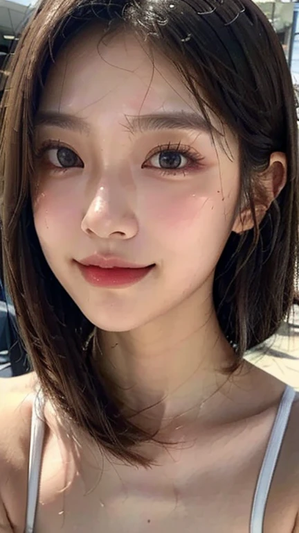 cute 20 year old,1 girl,slim face ,8K,Super realistic image quality,dynamic shadow,sparkling eyes,((Clear black eyes)),((cheerful smile)),Muscle,clear pale blue eyes,movie theater lighting,((dark back alley)),((City lights)),night,Darkness of the city,suit, ((face close up:1.4)),((A smile showing white teeth)),((Open mouth and smile happily)),((Chestnut ponytail and scrunchie)),close, 8K, Raw photo, highest quality, masterpiece,realistic, photo-realistic,