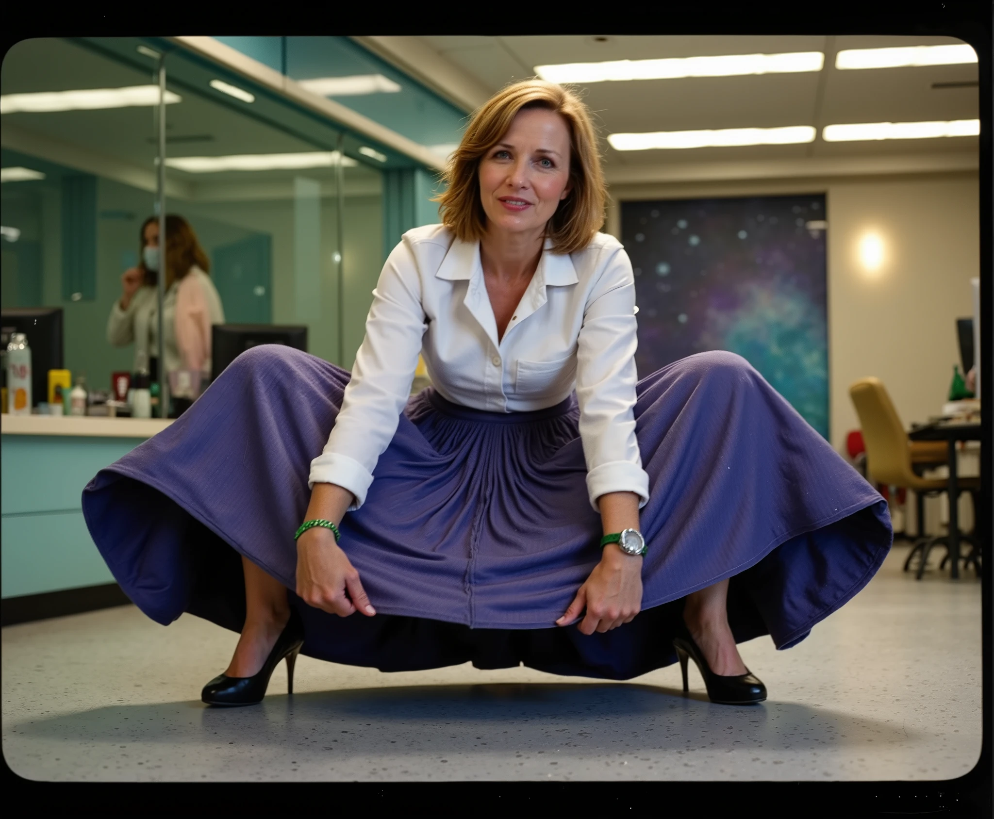 In an interstellar office adorned with vintage charm, a demure, mature therapist, dressed in a crisp uniform jacket and a blouse, reveals her alluring feminine grace. Her long, pleated skirt sweeps dramatically across the metallic floor, each fold a testament to the high-quality 35mm film, capturing the essence of Portra400 or Vision3 200T/500T. The soft focus lens embraces her, blurring the cosmic backdrop of star-studded windows that frame her nurturing embrace. She sits on the edge of her desk, her modest low-heel shoes hinting at a flirtatious posture. Her gentle smile is enhanced by the warm golden light that kisses her flushed skin and glistening sweat, while her glasses reflect the moonlit dance of distant galaxies. The soft, seductive arch of her legs invites closeness, and her blushing cheeks and parted lips whisper promises of a passionate embrace. The spacecraft's interior, a blend of retro-futuristic elegance and modern ergonomics, is bathed in a sensual ambience that resonates with the therapist's longing gaze. The composition is a masterful blend of intimate framing and the vastness of the cosmos, highlighting the stark contrast between her tender touch and the cold steel of the spaceship. The lighting, a symphony of artificial warmth and ethereal moonbeams, casts long, dramatic shadows that play upon her form, emphasizing the contours of her body and the sharp creases in her skirt. Her eyes, filled with a mix of empathy and desire, beckon you into the heart of the frame, inviting you to explore the depths of her soul in this erotically charged, celestial sanctuary.Milfie-v3