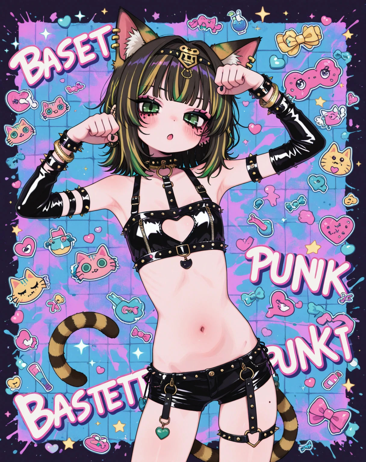 Black slime rope wrapped around cheetah cub's toes,Wear diapers,Pink ankle ring,Pink bracelet,pink collar