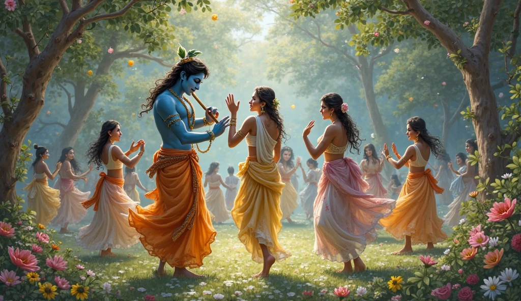 Krishna and his friends are depicted by a calm riverside. They are laughing and playing, with Krishna in his traditional attire, enjoying the game. The setting includes lush greenery, flowing water, and perhaps a few simple village huts in the background.